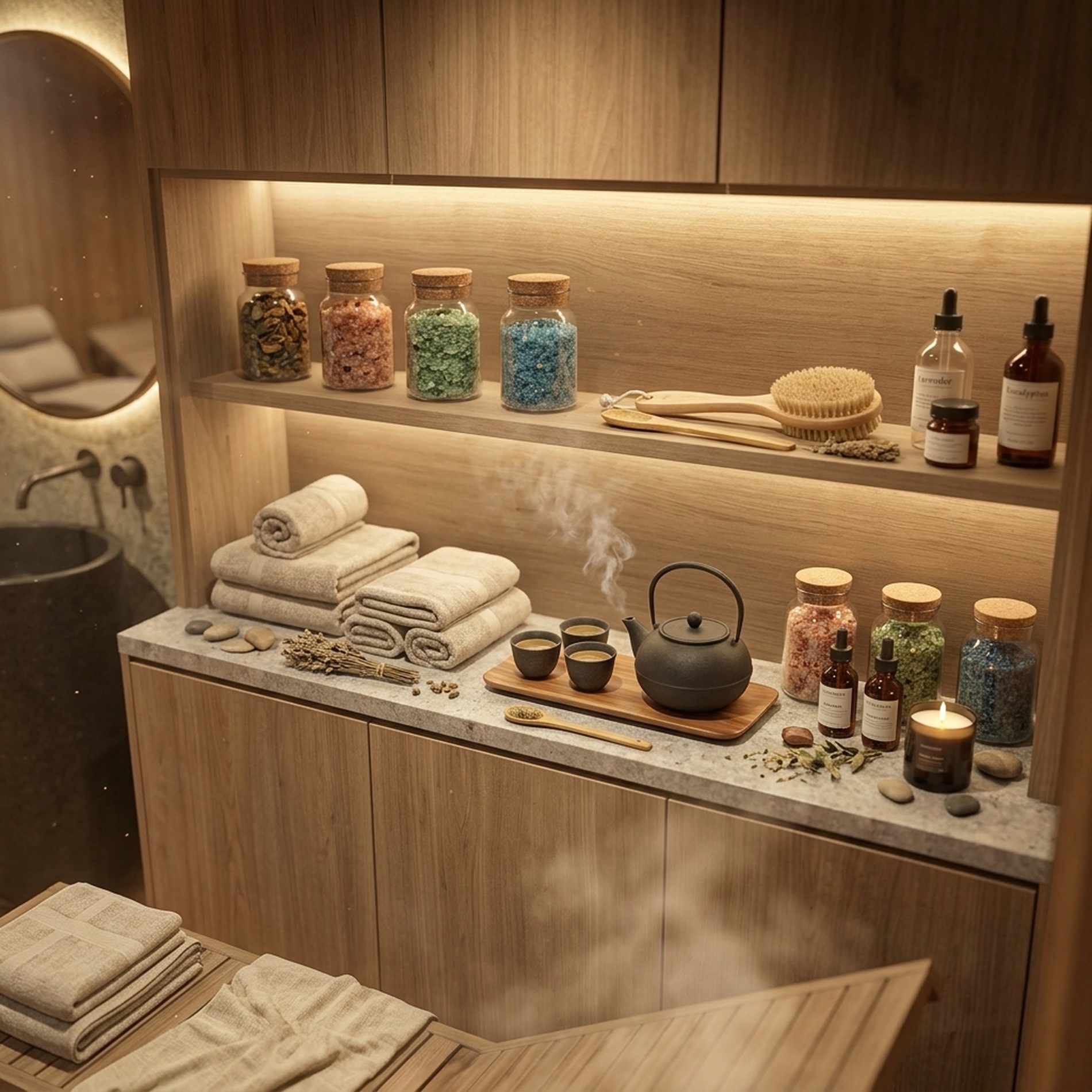 Приватная спа-баня для уединения — 06 spa shelf detail